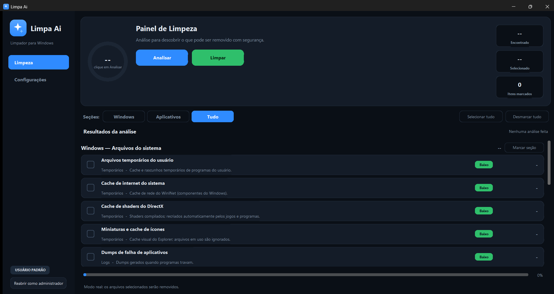 Tela principal do Limpa Ai — painel de limpeza com áreas selecionadas